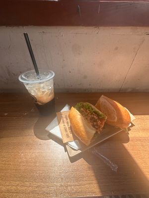 Spicy tofu Bahn Mi plus Vietnamese black coffee at Bánh Mì Xanh in Ho Chi Minh City