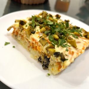 Veganized Mimoza salad (traditional Russian salad for holidays). The "fish" part is tofu and nori there. at BORSHÖF in Yerevan