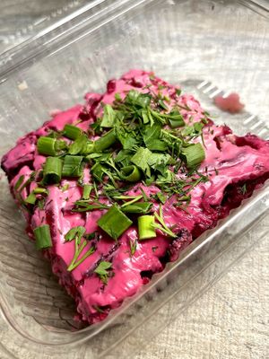 Veganized salad "Selyodka pod shuboy" ("Herring under a fur coat", it's Russian traditional New Year salad). The "fish" part is made of tofu and nori. at BORSHÖF in Yerevan