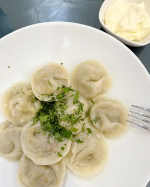 Vegan pelmeni (dumplings) with soya filling, served with vegan mayo at BORSHÖF in Yerevan