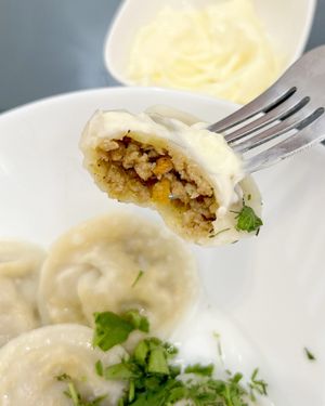 Vegan pelmeni (dumplings) with soya filling, served with vegan mayo at BORSHÖF in Yerevan
