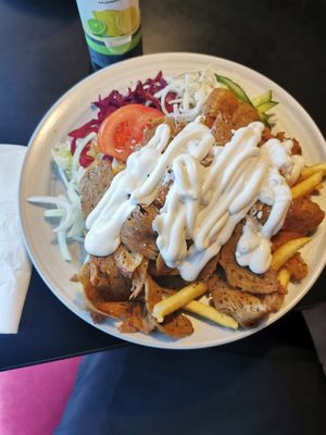 Vegan kebab with French fries a d garlic sauce at Döner Kebab in Halmstad