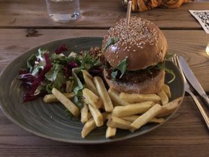 Vegan burger. The burger is a french 'gallete'  at Caupona Taverne in Strasbourg