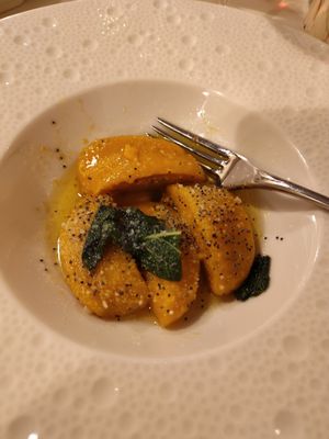 Pumpkin gnocchi (I had already eaten one 🤭) at Osteria Antico Dolo in Venice