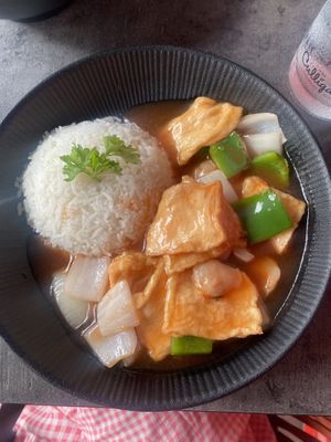 Sweet answer sour tofu with steamed white ricee  at Mrs. Miyagi's in Tenerife
