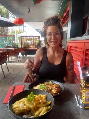 My mum ready to tuck in   at Mrs. Miyagi's in Tenerife