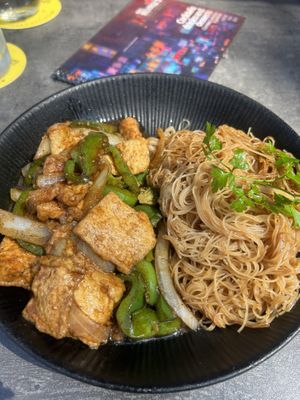 Tofu with black pepper sauce and rice noodles   at Mrs. Miyagi's in Tenerife