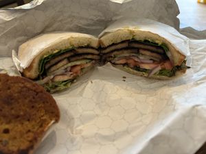 A vegan pumpkin muffin with peanut butter with vegan BLT  at The Green Bean in New Bedford
