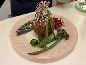 Mushroom and rice ball with hummus  at F LIFE  in Veldhoven