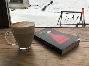 Chai latte with soy milk and an excellent view of the slopes! at Roots Cafe in Hakuba
