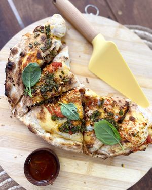 Vegan Calzone pizza, huge and hot, with sweet chilly sauce, highly recommend! at Dilijan Fresh in Dilijan