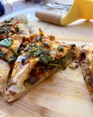 Vegan Calzone pizza, sliced. The portion is quite large, one pizza is enough for two. at Dilijan Fresh in Dilijan