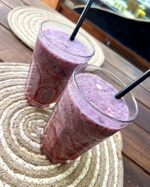 Vegan “milkshake” with oat milk and blueberries  at Dilijan Fresh in Dilijan