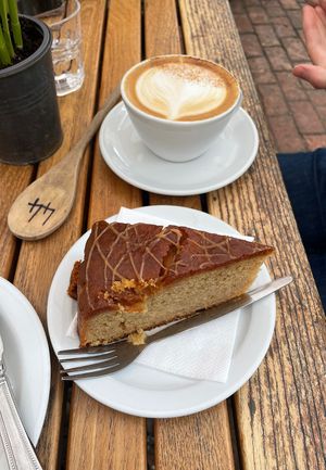 Spiced Apple & Caramel Cake and Oat Milk Cinnamon Roll Late  at Saltmarsh Farmhouse in Seaford