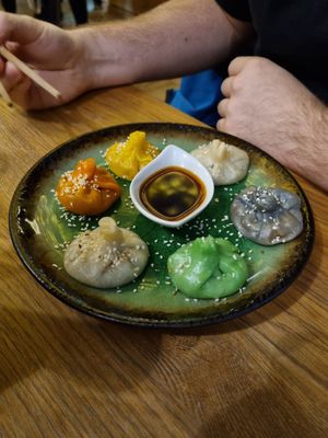 Dumplings with different fillings at Vegan AF Ramen in Brno