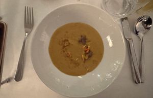 Pumpkin chestnut soup .  at Vox Restaurant & Bar in Berlin