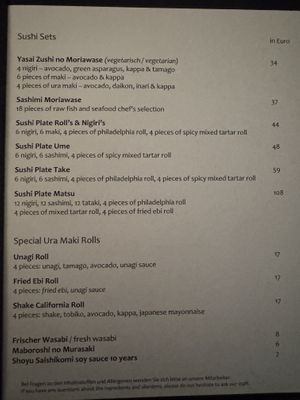 Menu sushi (only vegetarian options).  at Vox Restaurant & Bar in Berlin