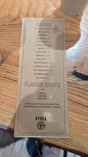 Menu at Hydra Coffeehouse in Rochester