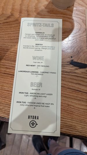 Menu at Hydra Coffeehouse in Rochester