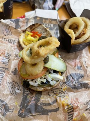 Vegan Burger topped with Onion Rings  at Harvey's  in Ottawa