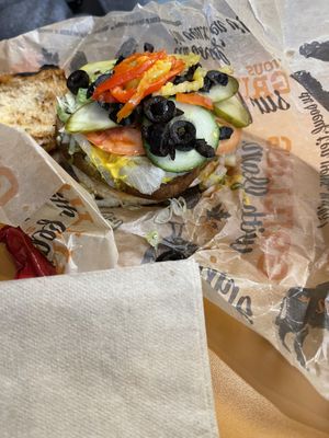 Nicely topped Vegan Burger   at Harvey's  in Ottawa