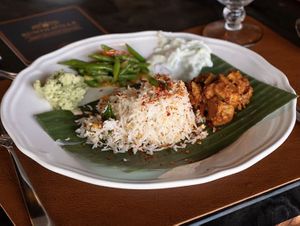 Vegan signature curry leaf coconut rice accompanied by jackfruit curry, green beans, mango chambal and cucumber chambal. Photo credits to Kunthaville at Kunthaville in Central Singapore