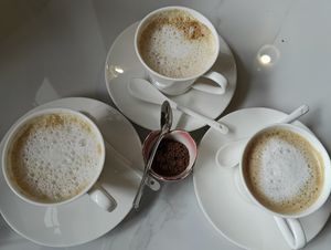 2 cappuccino  + 1 caffe latte 
$8 each inclusive of chickpea milk 
Vegan  at Kunthaville in Central Singapore