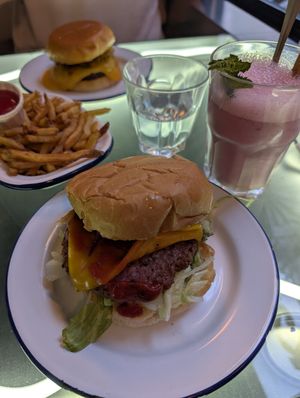 vegan burger and raspberry milkshake (oat milk) at PNY  in Lyon