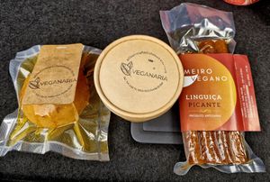 Vegan cheese and vegan sausage at Veganaria in Ponta Do Sol