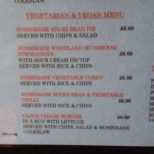 Veg / Vegan menu  at Sinners Cafe in Berwick Upon Tweed