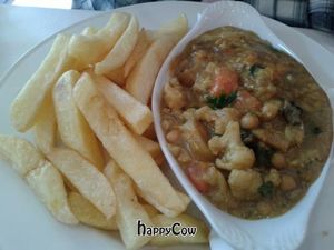 Vegetable curry and chips at Sinners Cafe in Berwick Upon Tweed