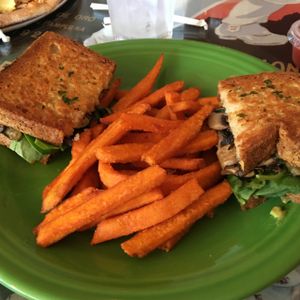 Vegan Veggie Melt on Gluten Free Bread with Sweet Potato Fries at Izzy's in Little Rock