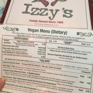 separate vegan menu at Izzy's in Little Rock
