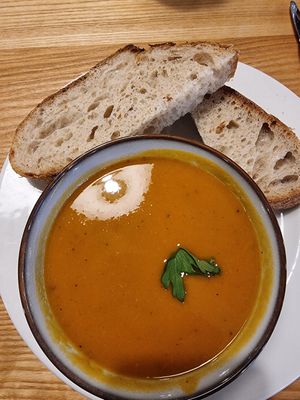 Vegan soup of the day w/ sourdough at Figment in Aberdeen