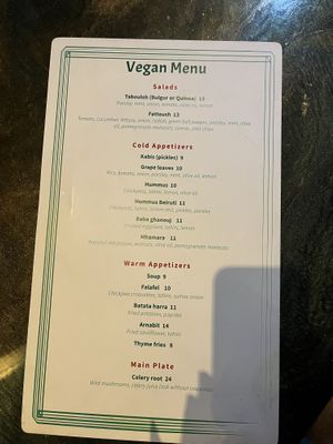Vegan menu   at Mejana Lebanese Restaurant in Arlington