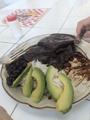 Mole enchiladas with beans rice and avocado at Comedor Angeles in Oaxaca