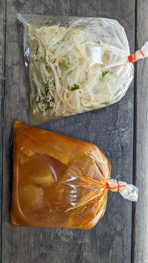 takeaway sour curry (gaeng som) and bean sprouts stir fry (pad tua gnok) at Raan Mae Anong Vegetarian - ร้านแม่อนงค์อาหารมังสวิรัติ in Bangkok