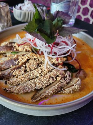 Mock duck with noodles at Akimy in Munich