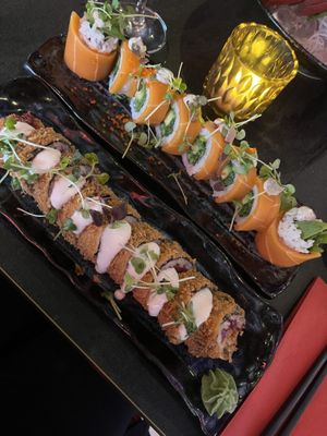 vegan crunch roll with “tuna” aka beetroot and salmon roll  at Akimy in Munich