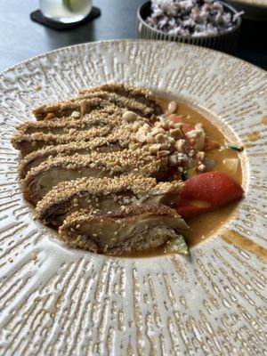 Sesame mock duck with rice  at Akimy in Munich
