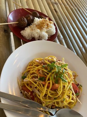 Shan plant balls and Shan yellow noodles  at Free Bird Cafe Pai in Pai