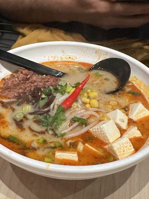 Beyond meat with spicy mala broth  at Ajisen Ramen in Toronto