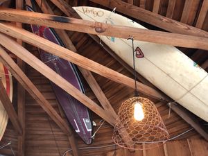 Surfboards on the ceiling. at Papas and Pollos in Sebastopol