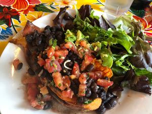 Vegan Yam with Pico de Gallo, Black Beans, Avocado, and Greens. Tasty! at Papas and Pollos in Sebastopol