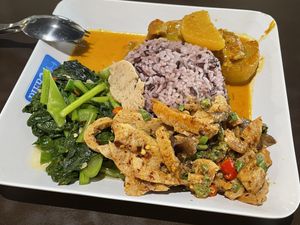 Three choices from the buffet with rice, 44 baht  at Vegetarian Food - Pier 21 in Nakhon Ratchasima