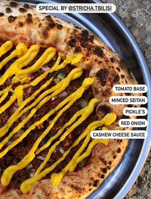 Vegan special pizza with minced seitan at Daner Pizza in Tbilisi