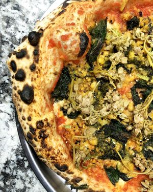 Vegan "tuna" pizza by Danya and Nikita (special, 29th March, 2024): chickpea "tuna", pickled nettle, john-jolie, sesame, tomato and cashew sauce at Daner Pizza in Tbilisi