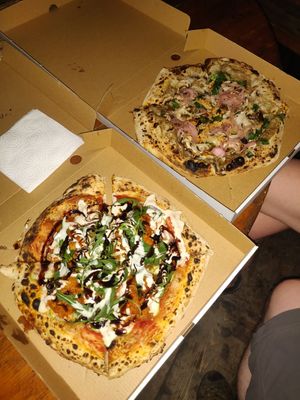 Pastrami (highly recommended) and mushroom pizza at Daner Pizza in Tbilisi