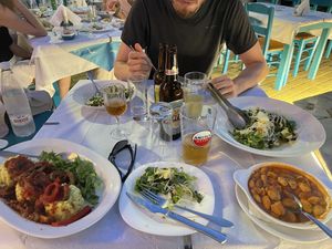 Pilaf, Tabouleh (behind beer), white beans in tomato sauce and salad (without parmesan - it would be vegan)  at Apiko - Απίκο in Kavala
