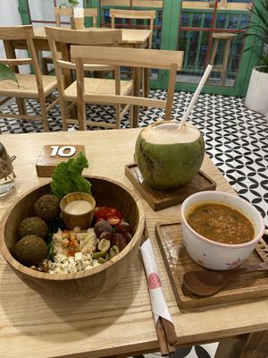 Falafel bowl with lentil soup and a coconut   at iVegan Supershop Old Quarter Hanoi - Healthy Plant Based Cafe in Hanoi